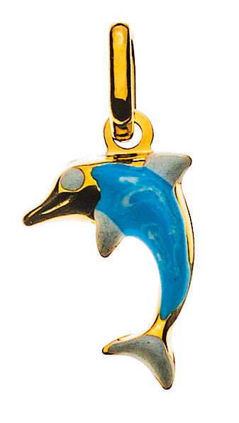 Anhänger Delfin Gelbgold 750 hellblau-weiss emailliert