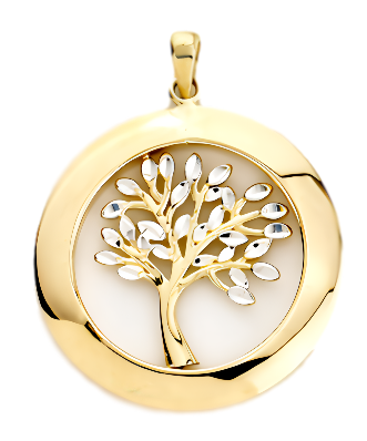 Anhänger Lebensbaum rund, diamantiert, rhodiniert 25mm Gelbgold 750